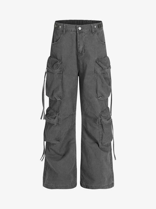 Multi-Pocket Workwear Casual Flared Wide-Leg Pants 