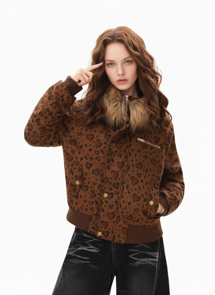 Detachable Fur Collar Heart Leopard Print Bomber Jacket 