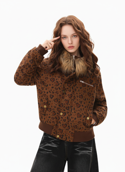 Detachable Fur Collar Heart Leopard Print Bomber Jacket 