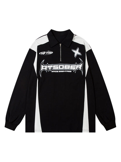 Thesupermade Star Color-Blocking Long Sleeve Quarter Zipper Shirt 