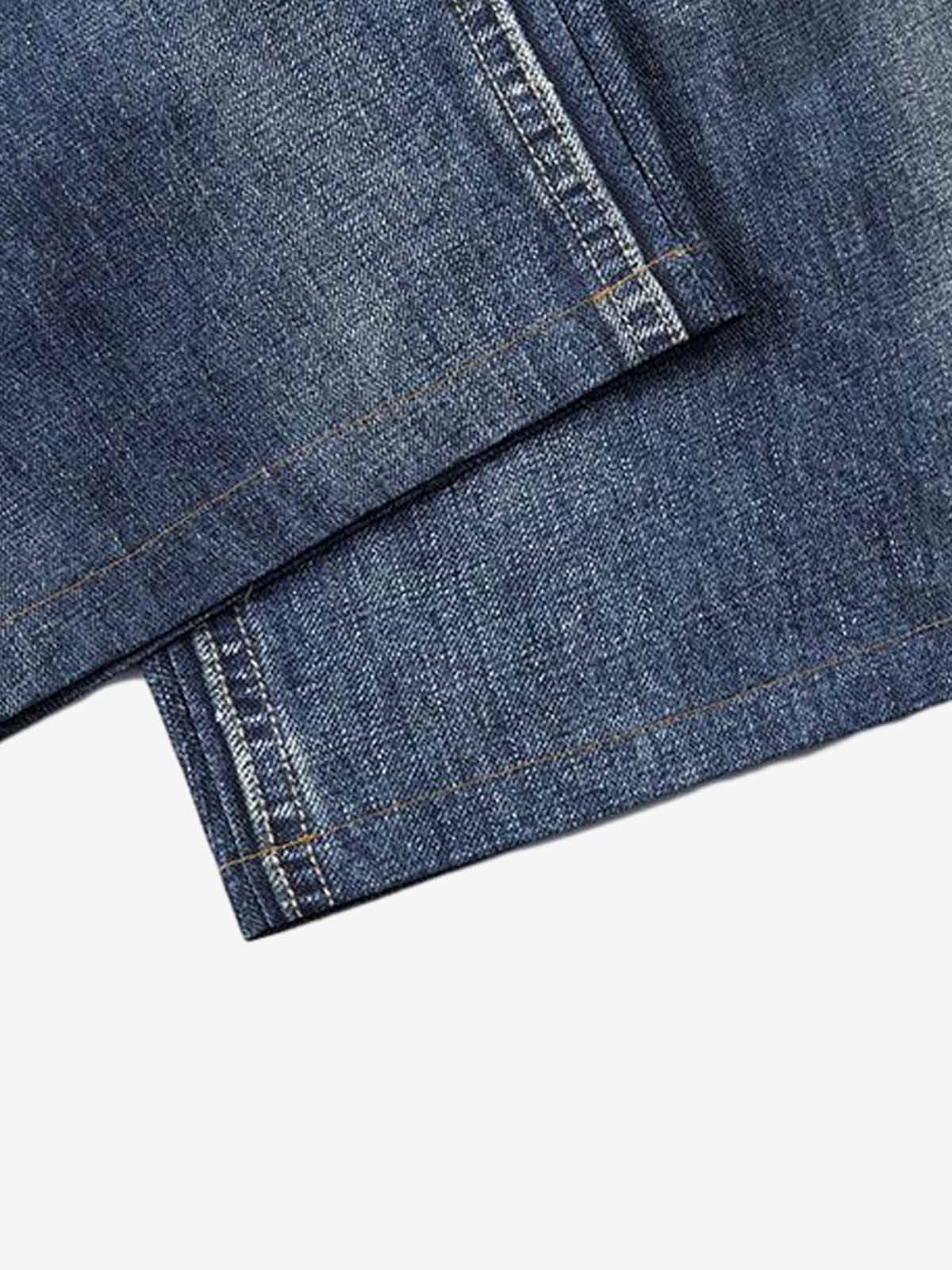 Denim Wide Leg Jeans with Tiger Print Patchwork and Ripped Details 