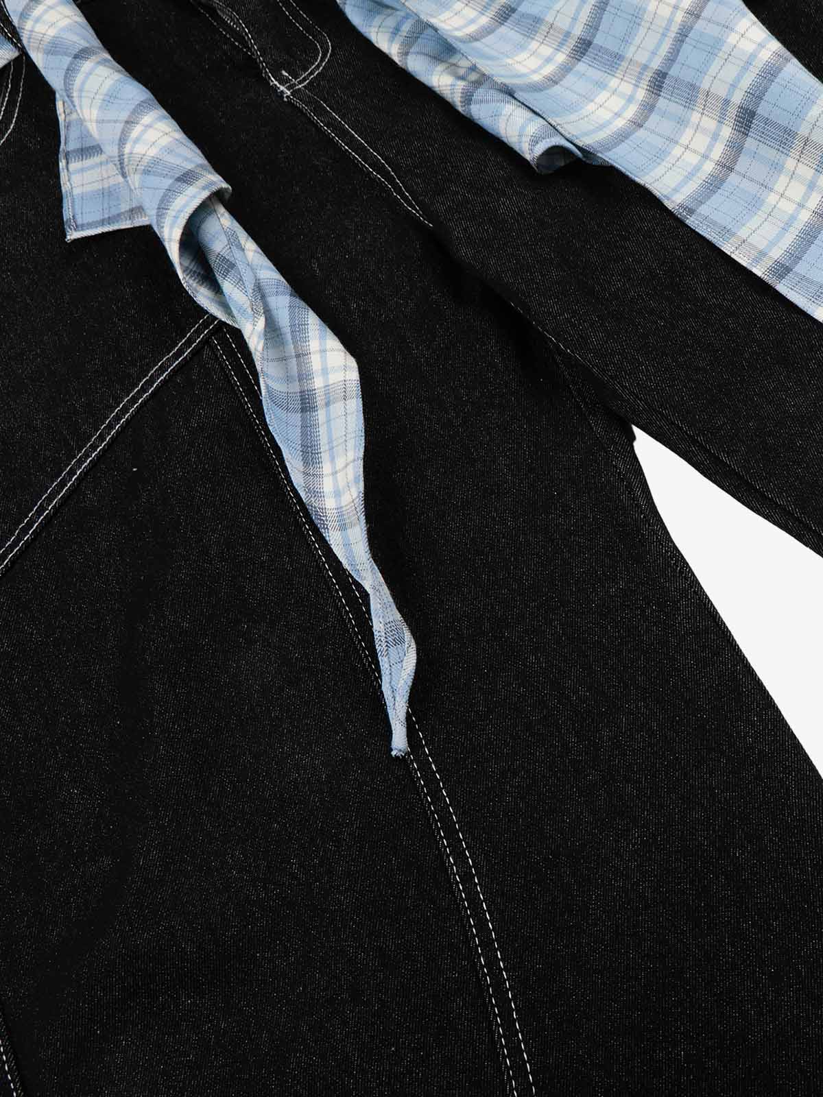Plaid Belt Raw Denim Barrel Baggy Jeans