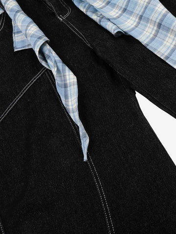Plaid Belt Raw Denim Barrel Baggy Jeans