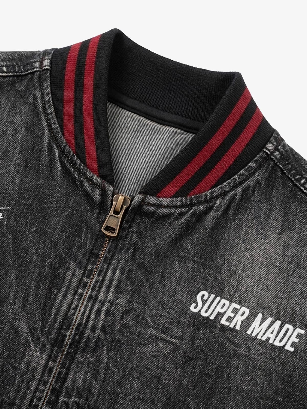 Washed Denim Racing Graphic Print Varsity Jacket