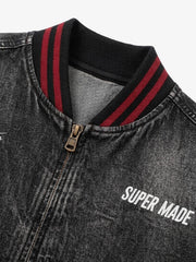Washed Denim Racing Graphic Print Varsity Jacket