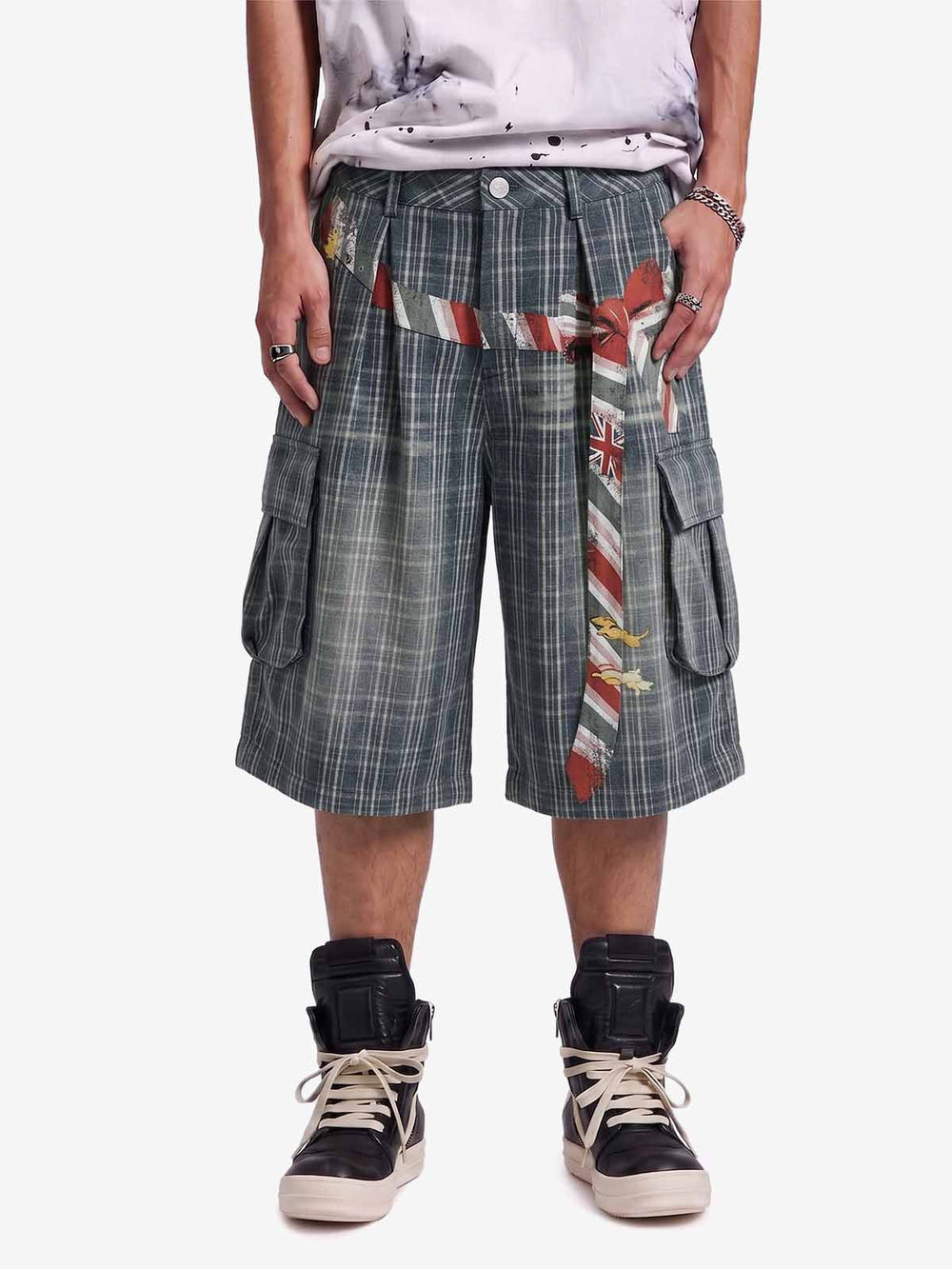 Plaid Cargo Wide-Leg Shorts 