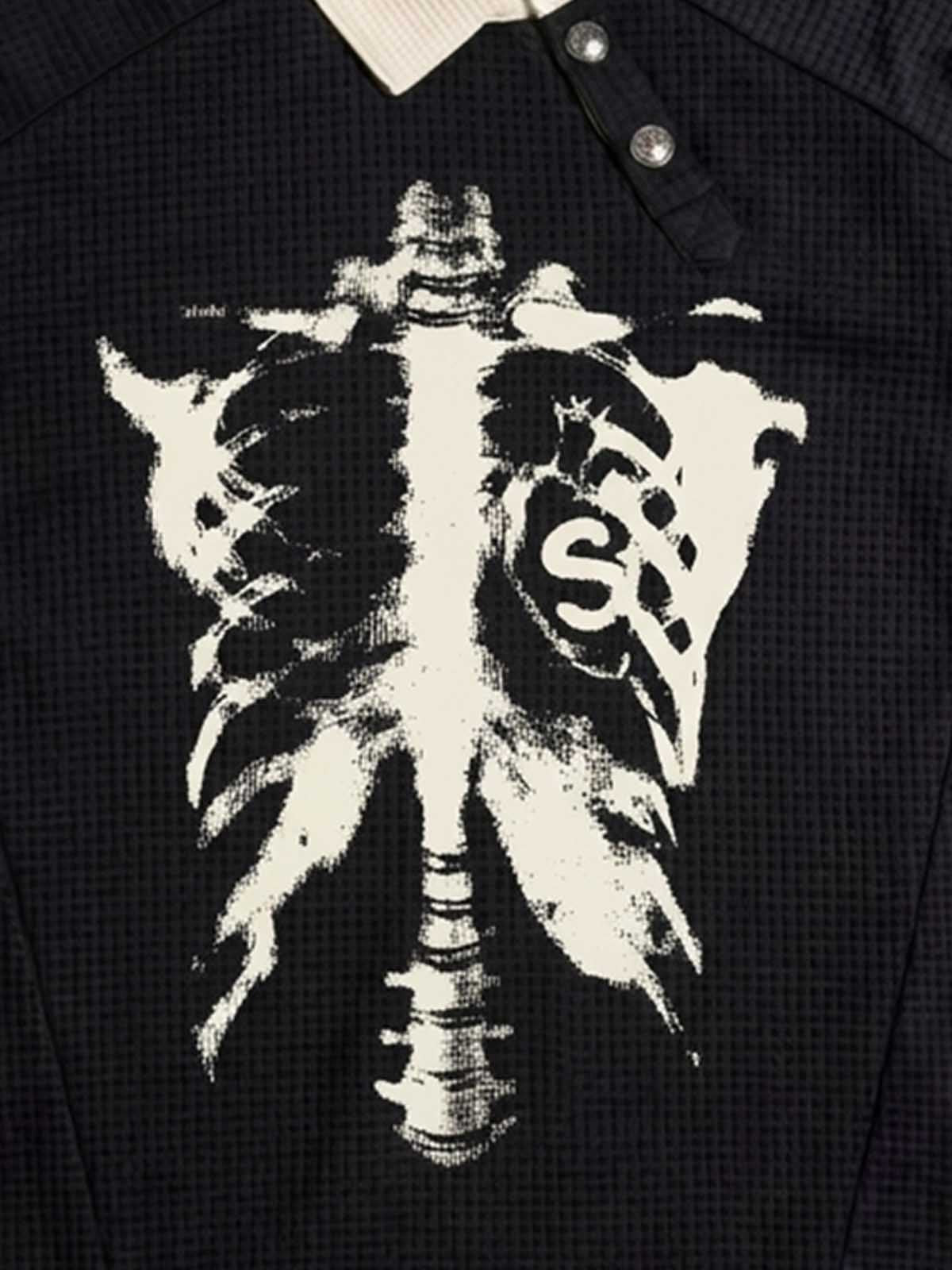 Skeleton Ribcage Graphic Print Asymmetric Button Polo Shirt 