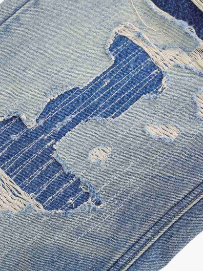Distressed Patchwork Wide-Leg Jeans 
