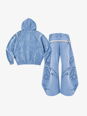 Washed Eyelet Distressed Hoodie & Curved-Leg Sweatpants Set