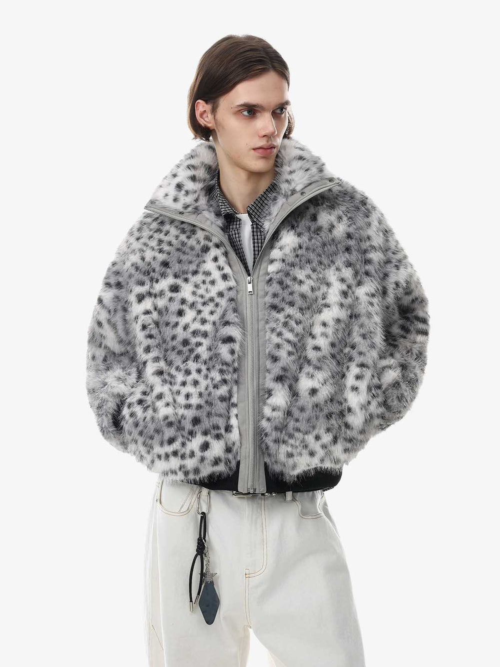Snow Leopard Faux-Fur High-Collar Coat