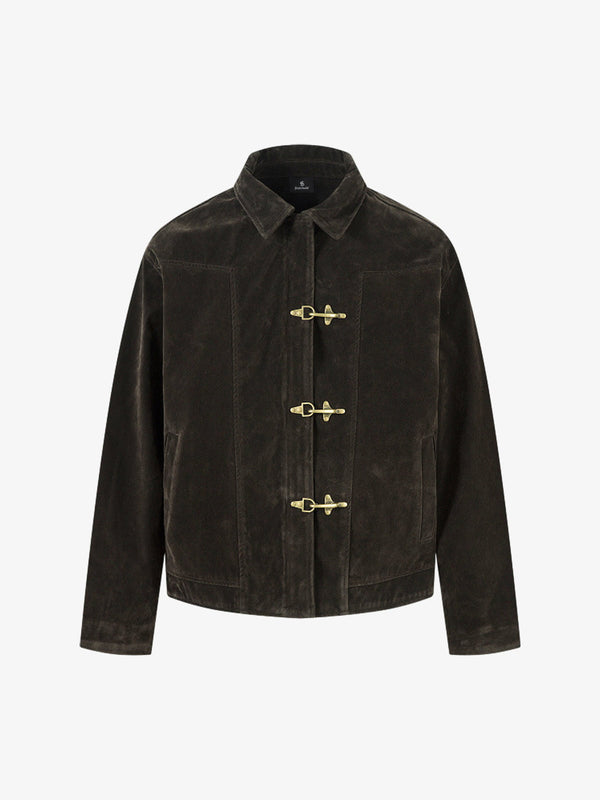 Brown Retro Unique Metal Button Lapel Suede Bomber Jacket