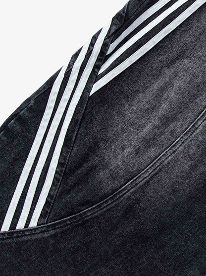 Denim Wide Leg Cropped Pants with White Stripe Design High Waist Fashion Trousers for Women 