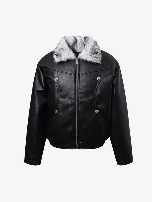 Street Fur-Trim Collar Leather Bomber Jacket 