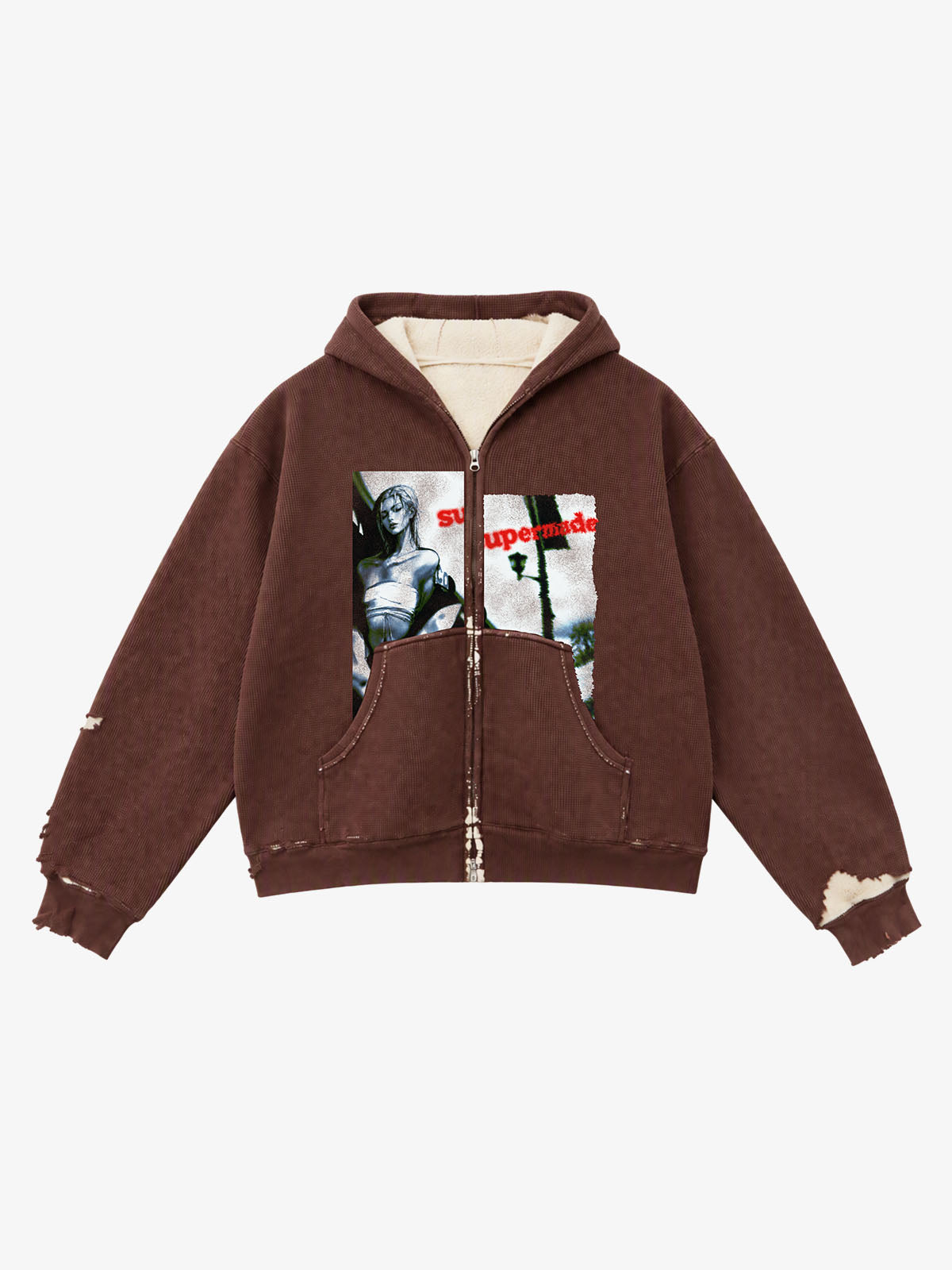 Destroy The Waffle Misaligned Printed Zipper Hoodie