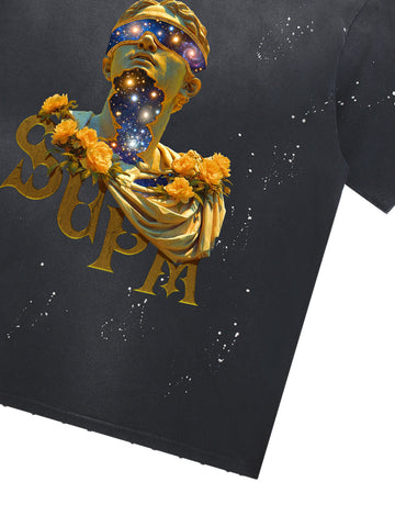 THE SUPERMADE-Wash and splash ink Galaxy Art Print T-Shirt with Cosmic Statue Design for Men and Women 