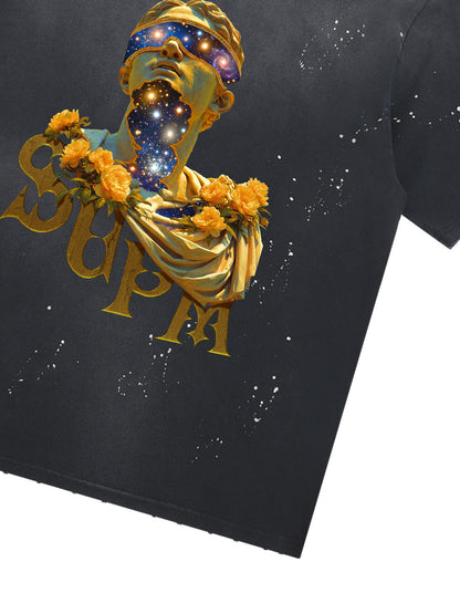 THE SUPERMADE-Wash and splash ink Galaxy Art Print T-Shirt with Cosmic Statue Design for Men and Women 