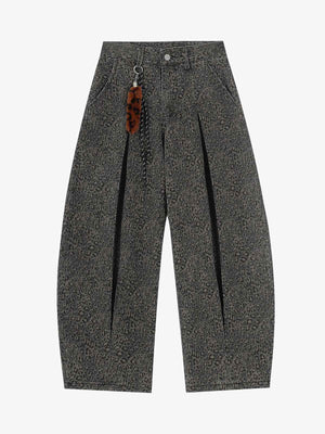 Cotton Leopard Print High-Waisted Wide-Leg Pants with Pleated Design and Decorative Tassel 