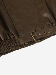 Belted Hem Faux Leather Bomber Jacket
