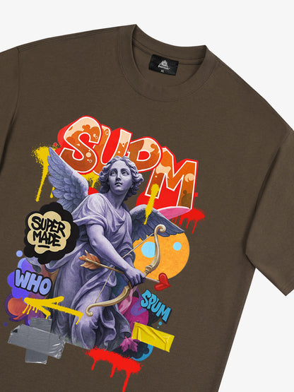Angel statue and street graffiti mixed pattern T-shirt 