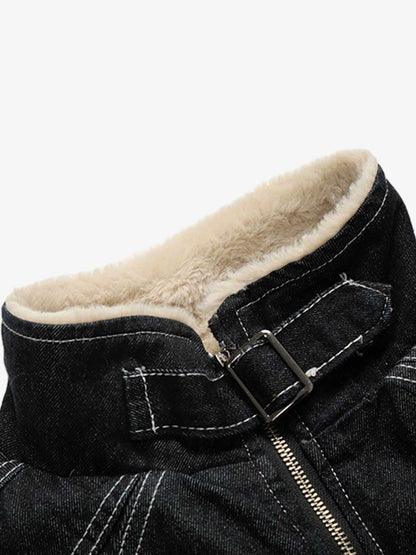 Stylish Denim Bomber Jacket with Faux Fur Collar - Perfect for Casual and Outdoor Wear 