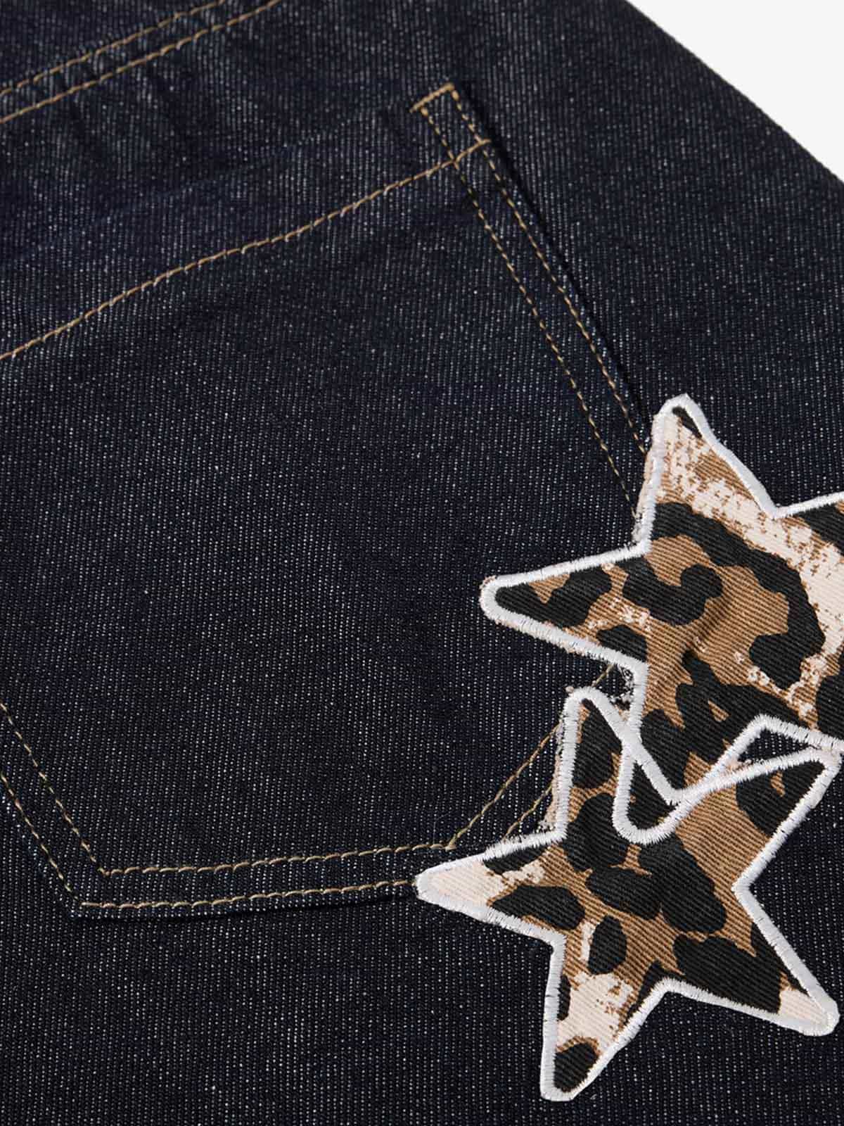 Thesupermade Raw Denim Star Leopard Patch Embroidery Baggy Jeans