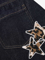 Thesupermade Raw Denim Star Leopard Patch Embroidery Baggy Jeans