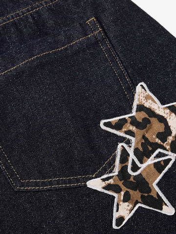 Thesupermade Raw Denim Star Leopard Patch Embroidery Baggy Jeans