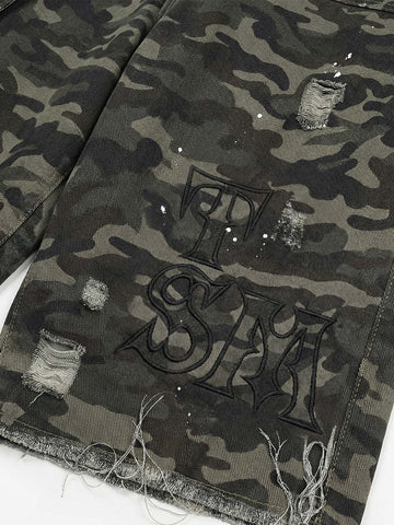 Distressed Camo Multi-Pocket Straight-Leg Jorts - 2611 