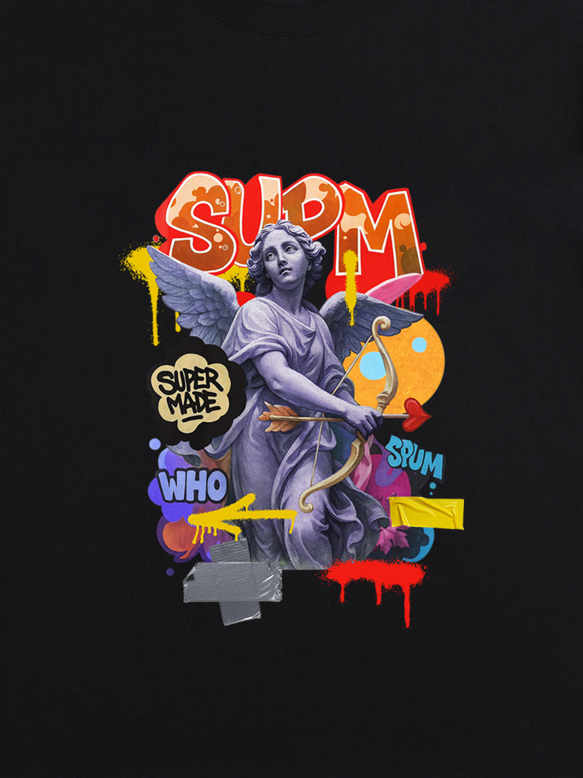 Angel statue and street graffiti mixed pattern T-shirt 