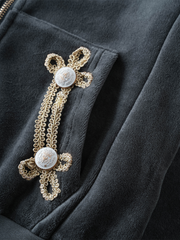 Gold Braid Embellished Plush Zip Hoodie & Wide-Leg Pants Set