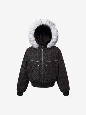 Retro Faux Fur Trimmed Hood Leopard Print Bomber Jacket 