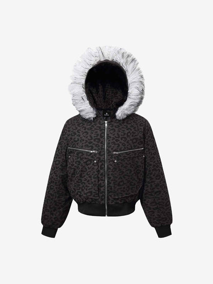 Retro Faux Fur Trimmed Hood Leopard Print Bomber Jacket 