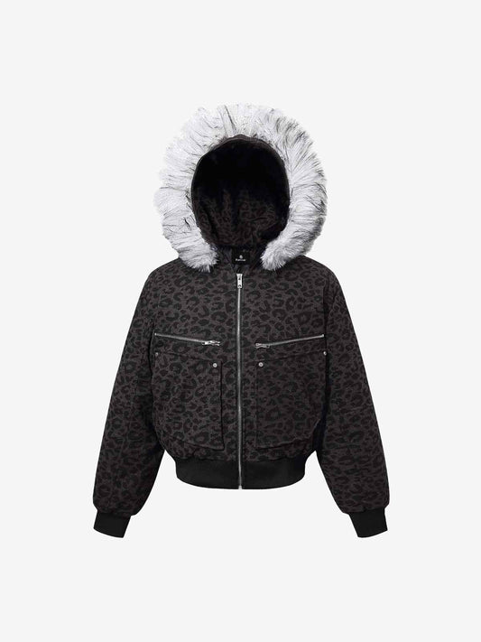 Retro Faux Fur Trimmed Hood Leopard Print Bomber Jacket 