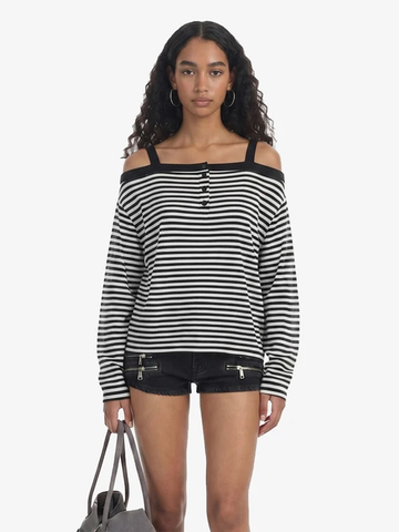 Striped Off-Shoulder Henley T-Shirt 