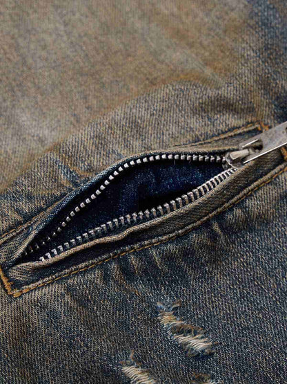 Vintage Washed Distressed Denim Zip Up Jacket