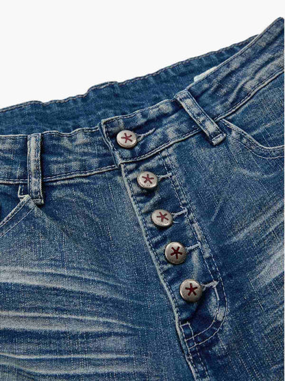 Black Denim Flared Jeans with Button Front High Waist Design 