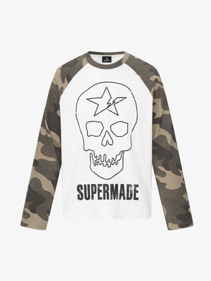 Skull Print Waffle Boxy  Long Sleeve Tee