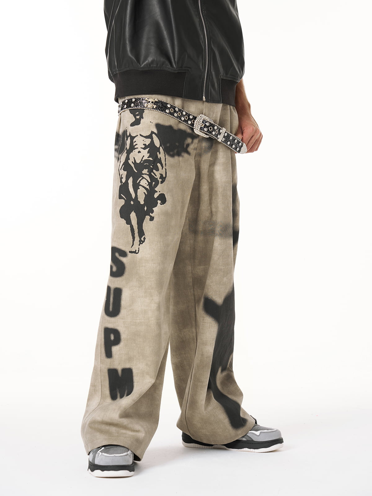 Large Cross Angel Print Distressed Jeans 