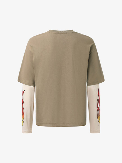 Gradient Letter Print Patchwork Faux Two-Piece Long-Sleeved T-Shirt 