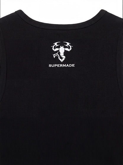 Cotton-blend black, white and gray vest with scorpion embroidered logo and deformed logo print 