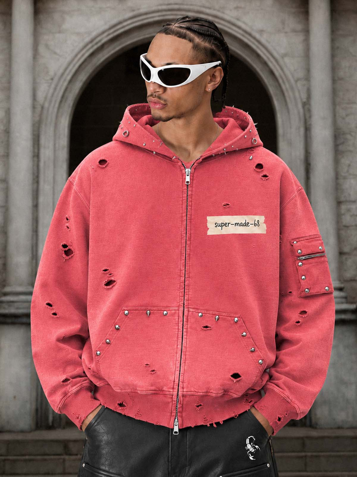 Studded Distressed Zip Hoodie