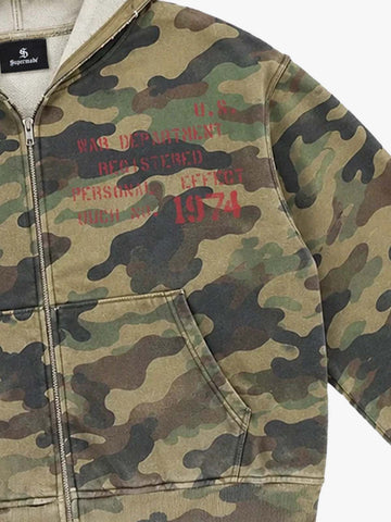 Camo Letter Graphic Distressed Zip-Up Hoodie