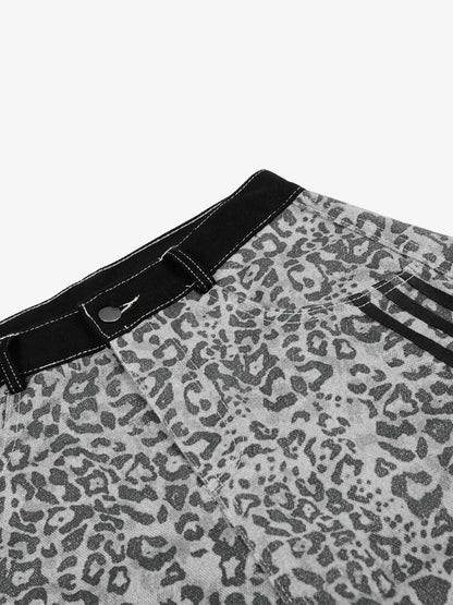 Leopard Print Curved Stripe Baggy Jeans