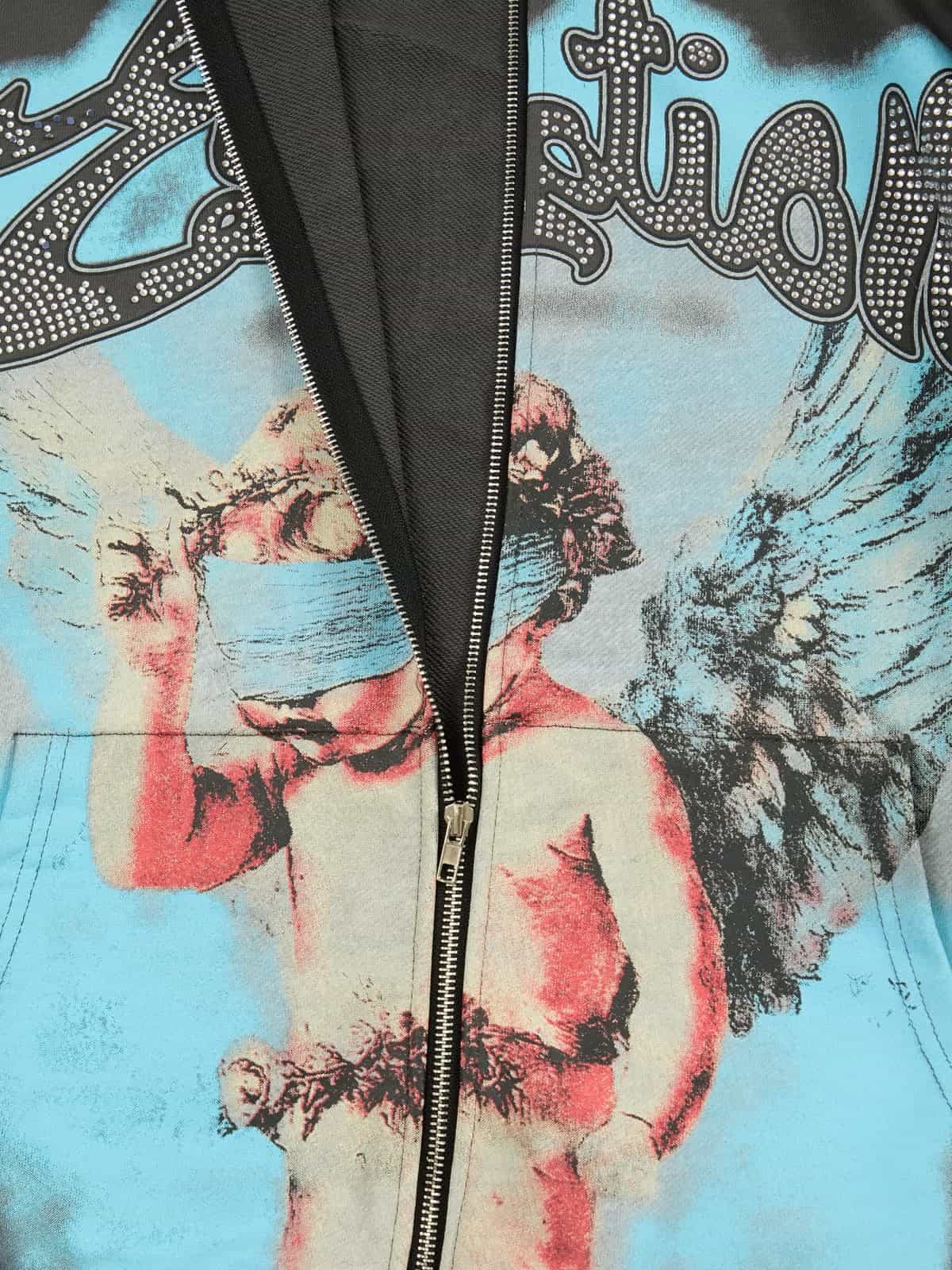 Vintage Blindfolded Angel Rhinestone Zip-Up Hoodie 
