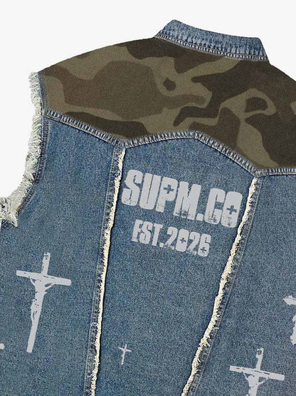 thesupermade-Denim Sleeveless Vest with Camouflage Patchwork and  Ripped Details ，cross pattern printing technology 