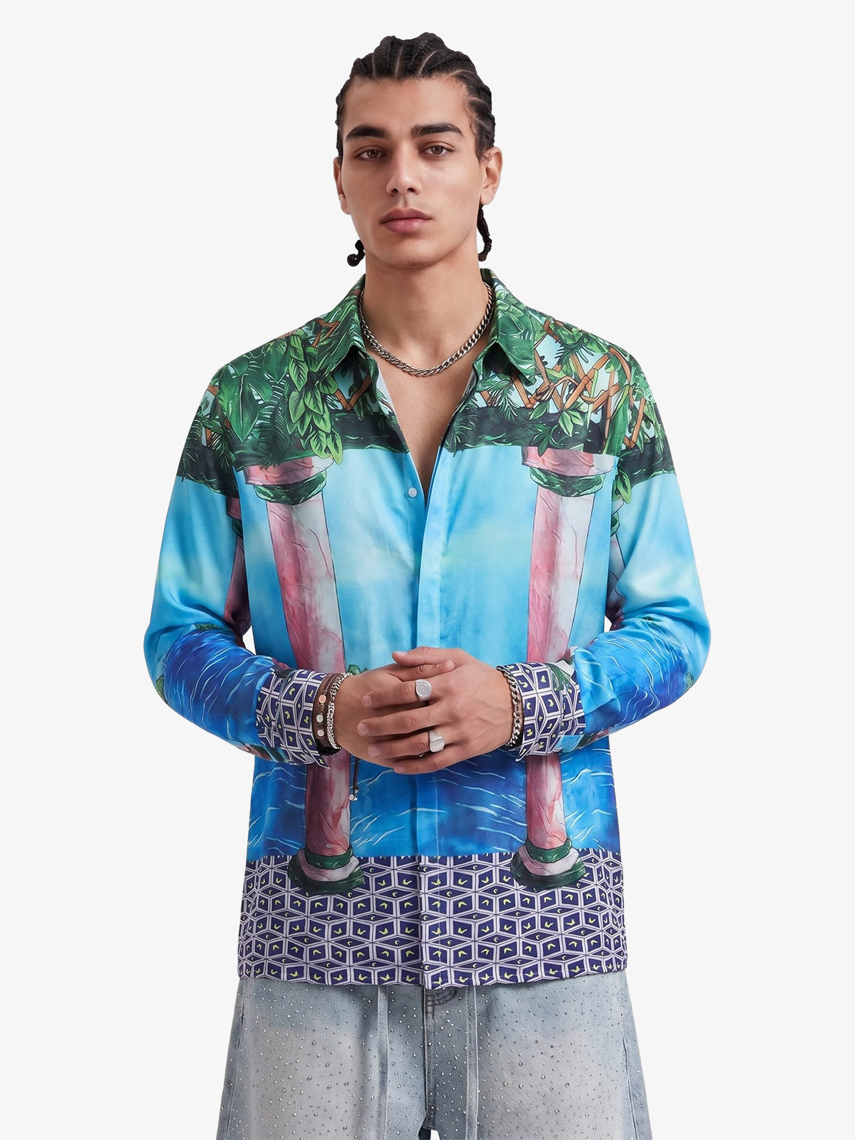 Vintage Roman Pillar Seascape Camp Collar Boxy Shirt 