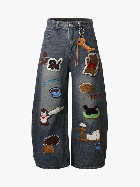 Unique Embroidered Wide-Leg Jeans with Quirky Patches for Fashion Lovers 