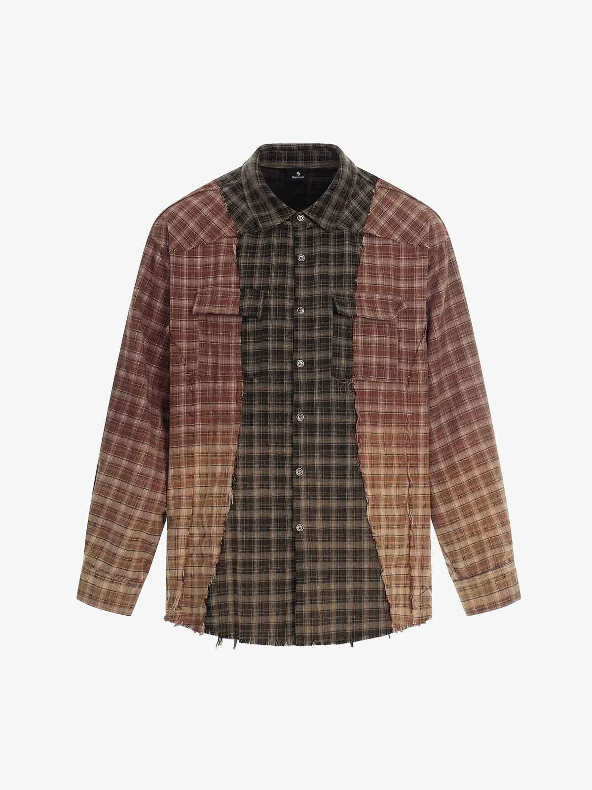 Patchwork Plaid Distressed Hem Shirt