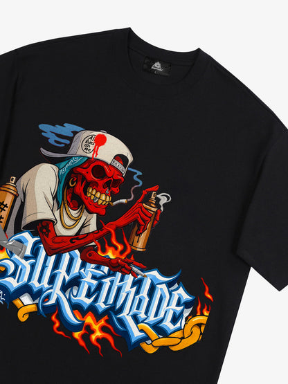 Thesupermade Skull Graffiti Artist Flame Flower Font T-shirt 
