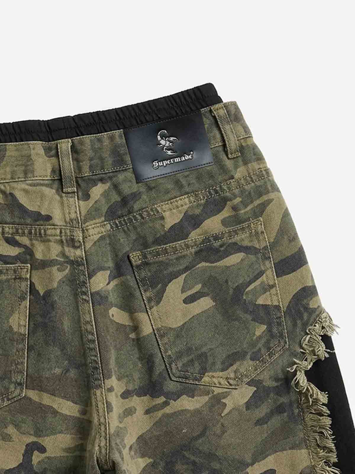 Scorpion Embroidered Camo Patchwork Double-Waist Straight-Leg Pants